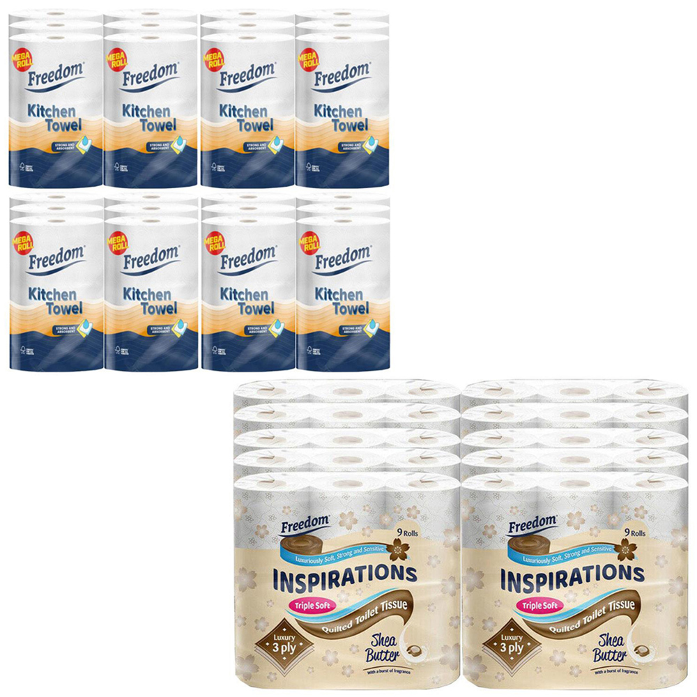 Freedom Shea Butter Toilet Paper 90 Rolls 3 Ply with 24 Rhino Jumbo Kitchen Towel Rolls Image 1