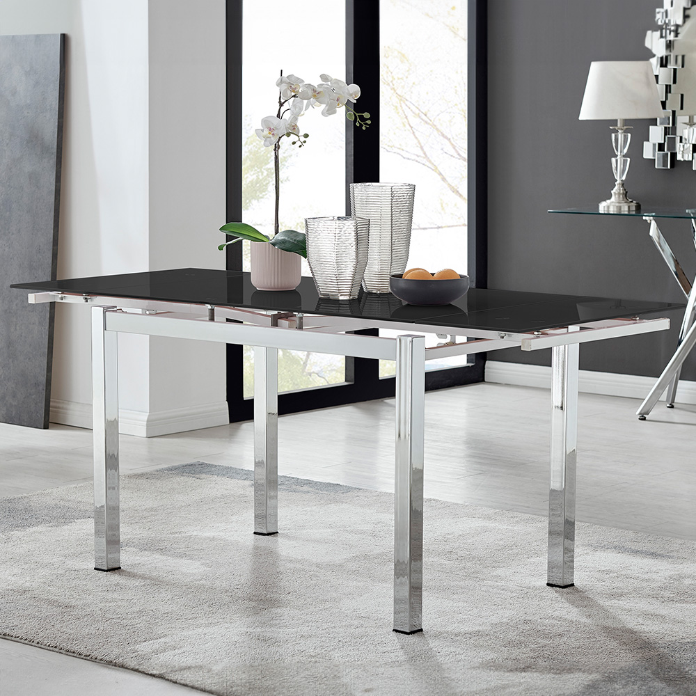 Furniturebox Fonti 6 Seater Extending Glass Dining Table Black and Chrome Image 1