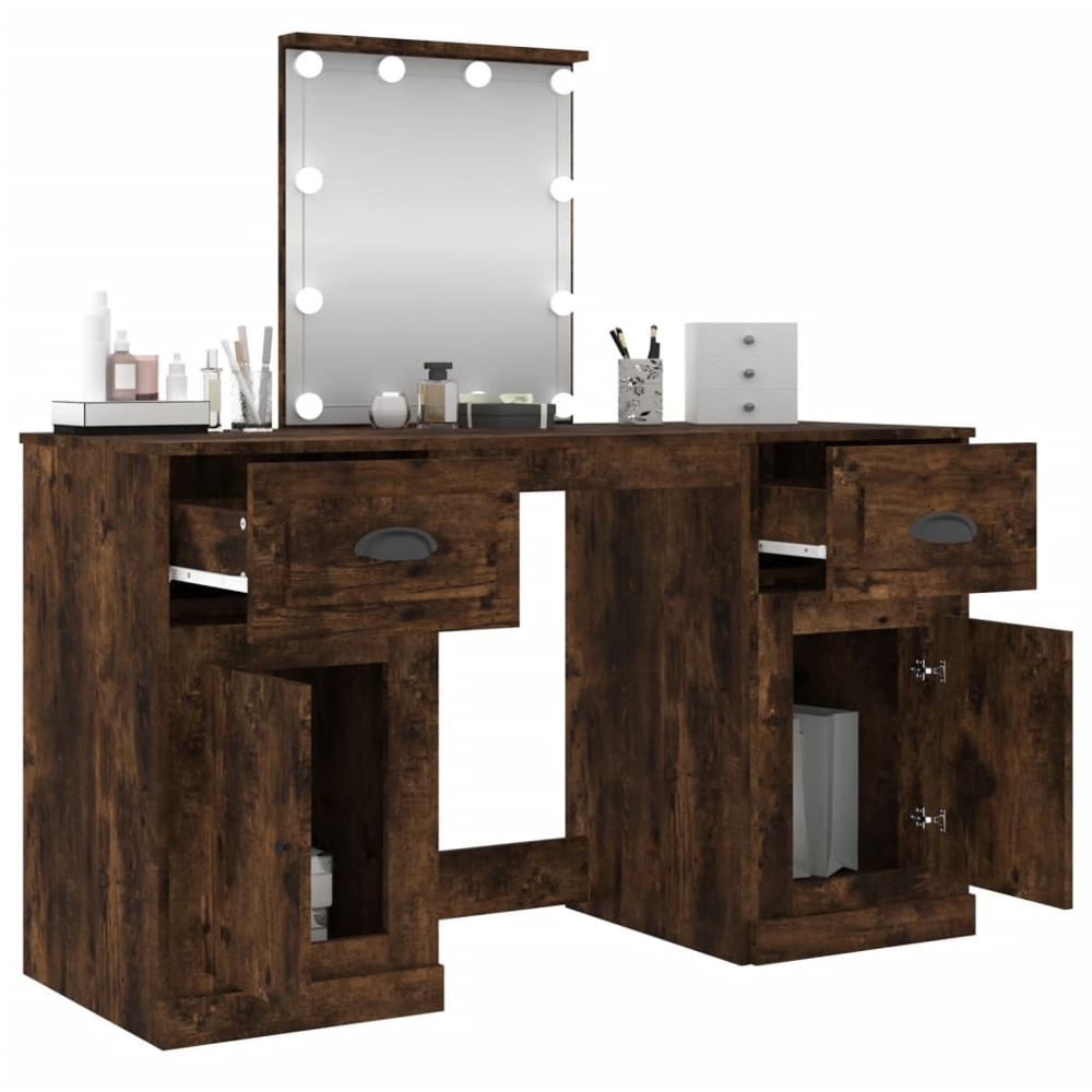vidaXL 2 Door 2 Drawer Smoked Oak Dressing Table with LED Mirror Image 5