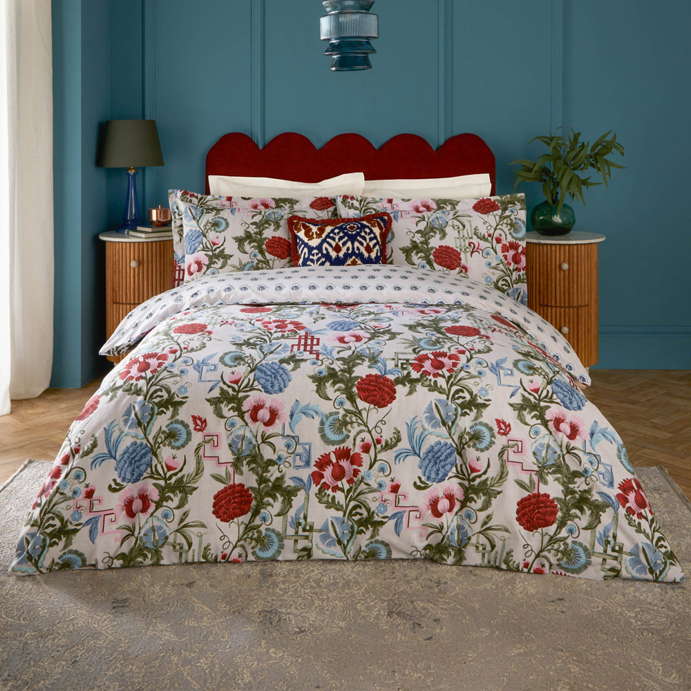 Seventy Three Ishana King Size Redcurrent and French Blue Reversible Floral Duvet Set Image 1