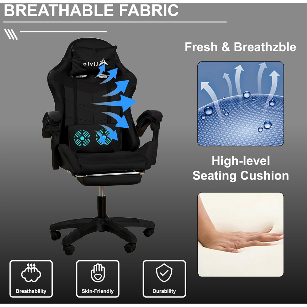 Alivio Black Ergonomic Swivel Gaming Chair with Footrest and Lumbar Support Image 7