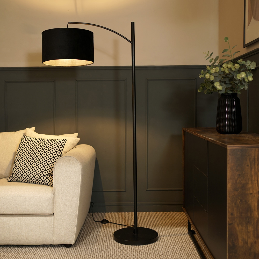 ValueLights Preto Black Velvet Shade Metal LED Floor Lamp Image 3