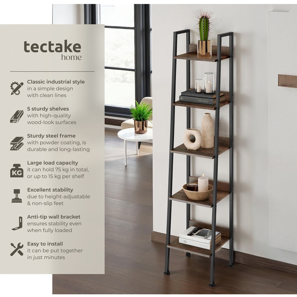 tectake 5 Shelf Dark Wood Shelving Unit 31.5 x 35.5 x 170.5cm Image 6