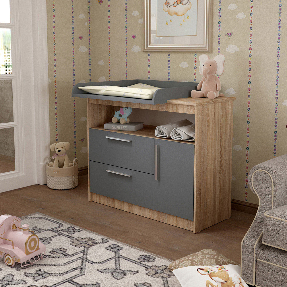 Shefa 1150 Single Door 2 Drawer Single Shelf Cremona Oak and Graphite Kids Changing Unit Image 5