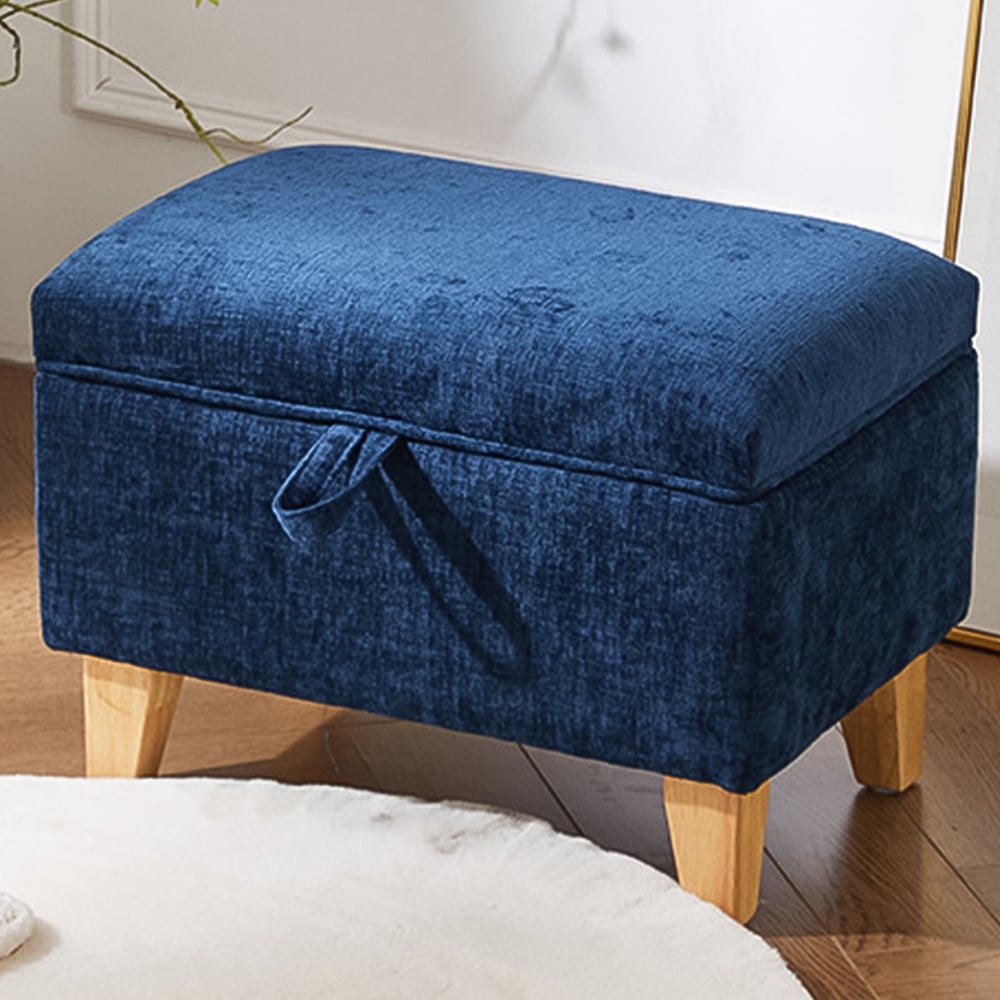 Living and Home Blue Chenille Upholstered Storage Ottoman Image 1