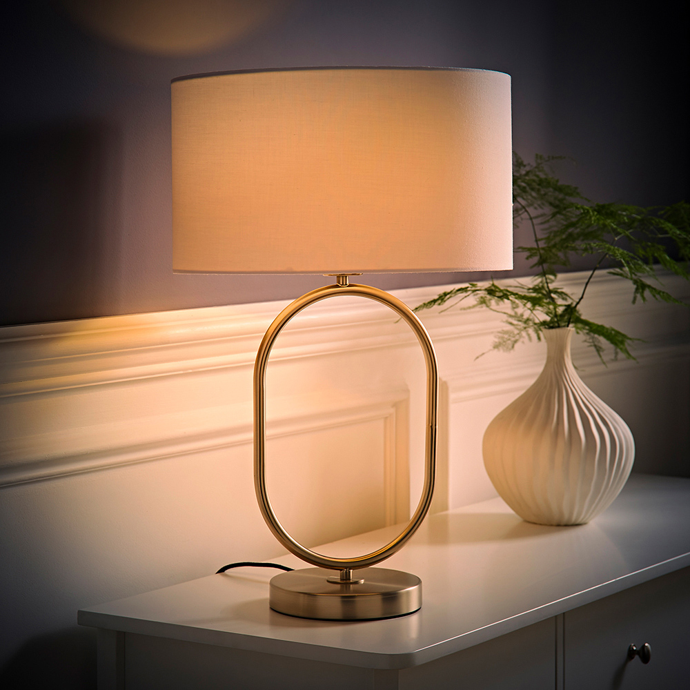 ValueLights Antonia White Fabric Drum Lamp Shade Brushed Chrome Oval LED Table Lamp Image 2