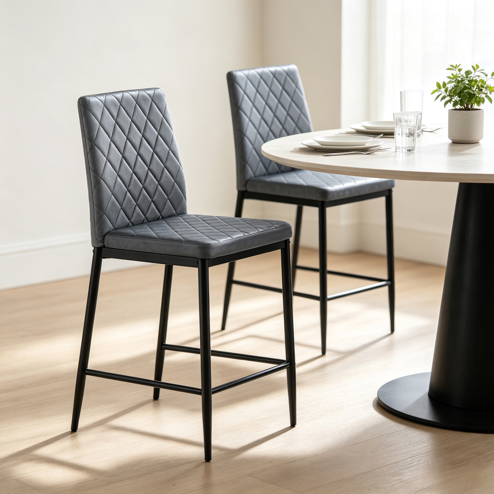 Living and Home Dark Grey Velvet Diamond Stitched Bar Stool Set of 2 Image 7
