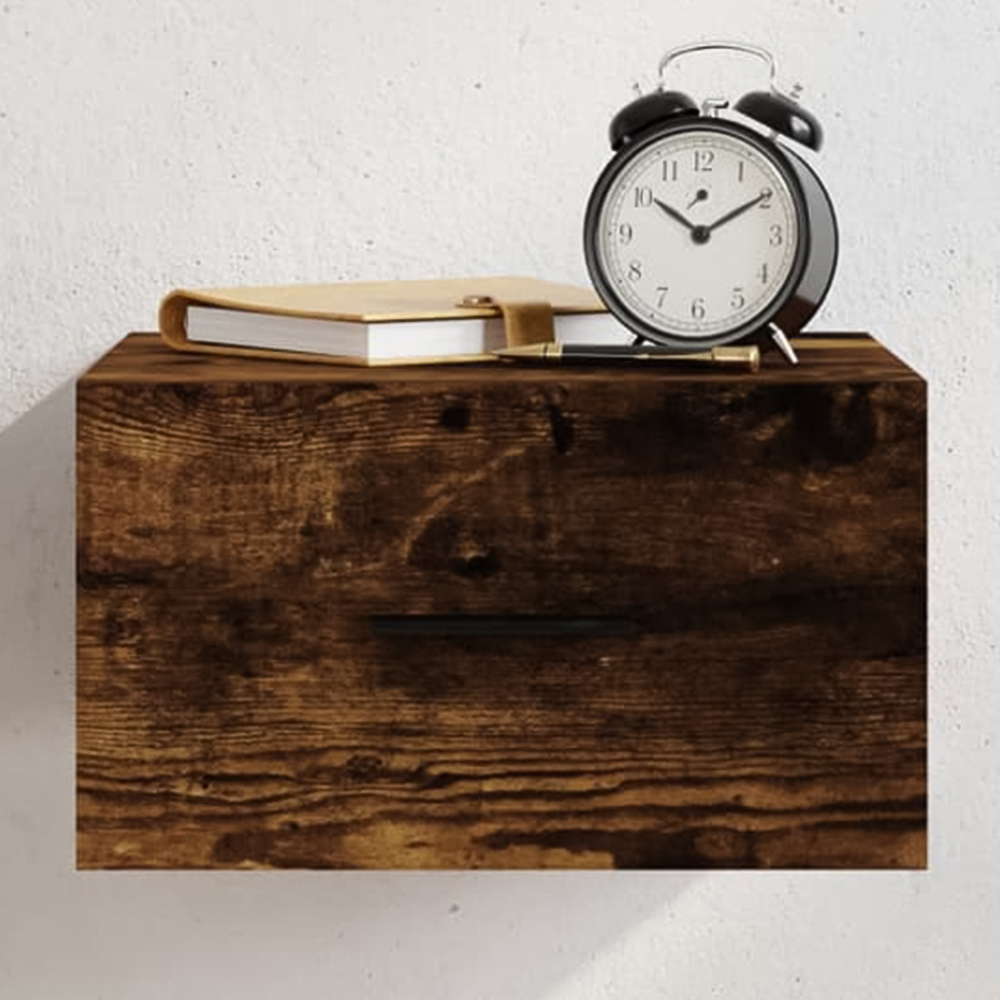 vidaXL Single Drawer Smoked Oak Wall Mounted Bedside Cabinet Image 1