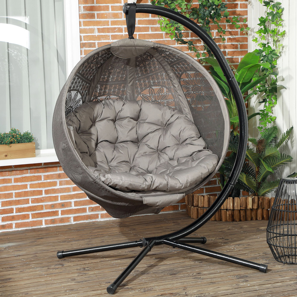 Outsunny Grey and Black Round Egg Chair with Cushion Image 1