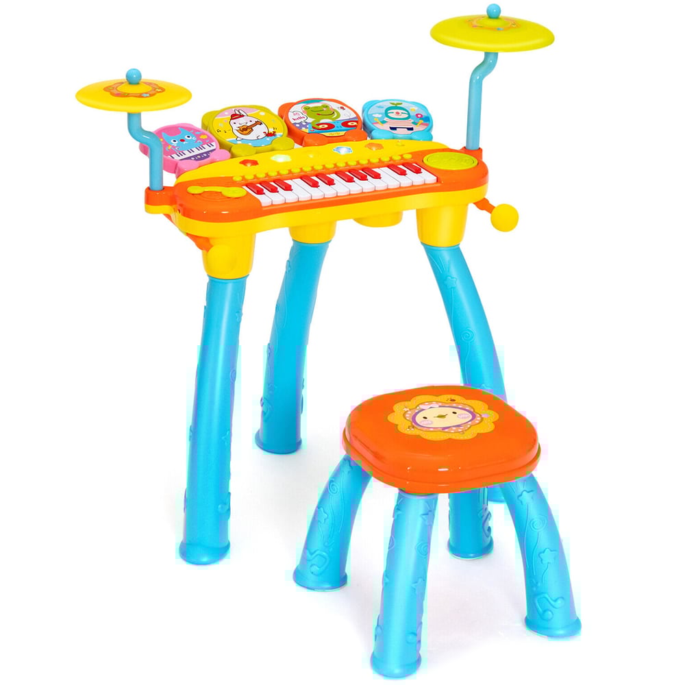 Costway Blue 24 Keys Piano Keyboard Drum Set with Stool Image 1