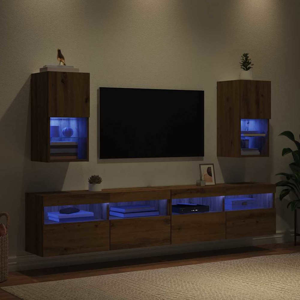 vidaXL Single Door 2 Shelf Artisan Oak Wall Mounted LED TV Unit Set of 2 Image 9