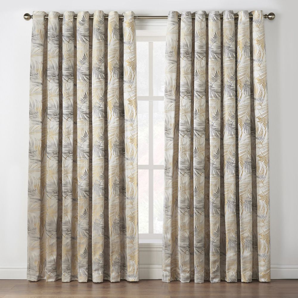Alan Symonds Dupion Ochre Fern Jacquard Ring Top Eyelet Curtains 168 x 137cm Image 1