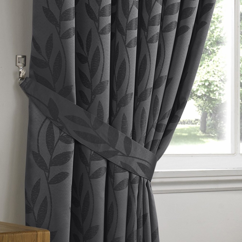 Alan Symonds Dupion Charcoal Leaf Jacquard Ring Top Eyelet Curtains 117 x 137cm Image 3