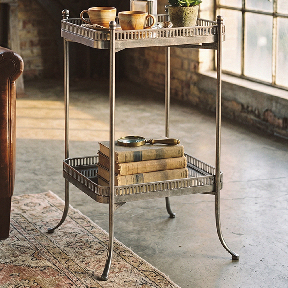 Premier Housewares Reza 2 Shelf Antique Silver Tray Table Image 1