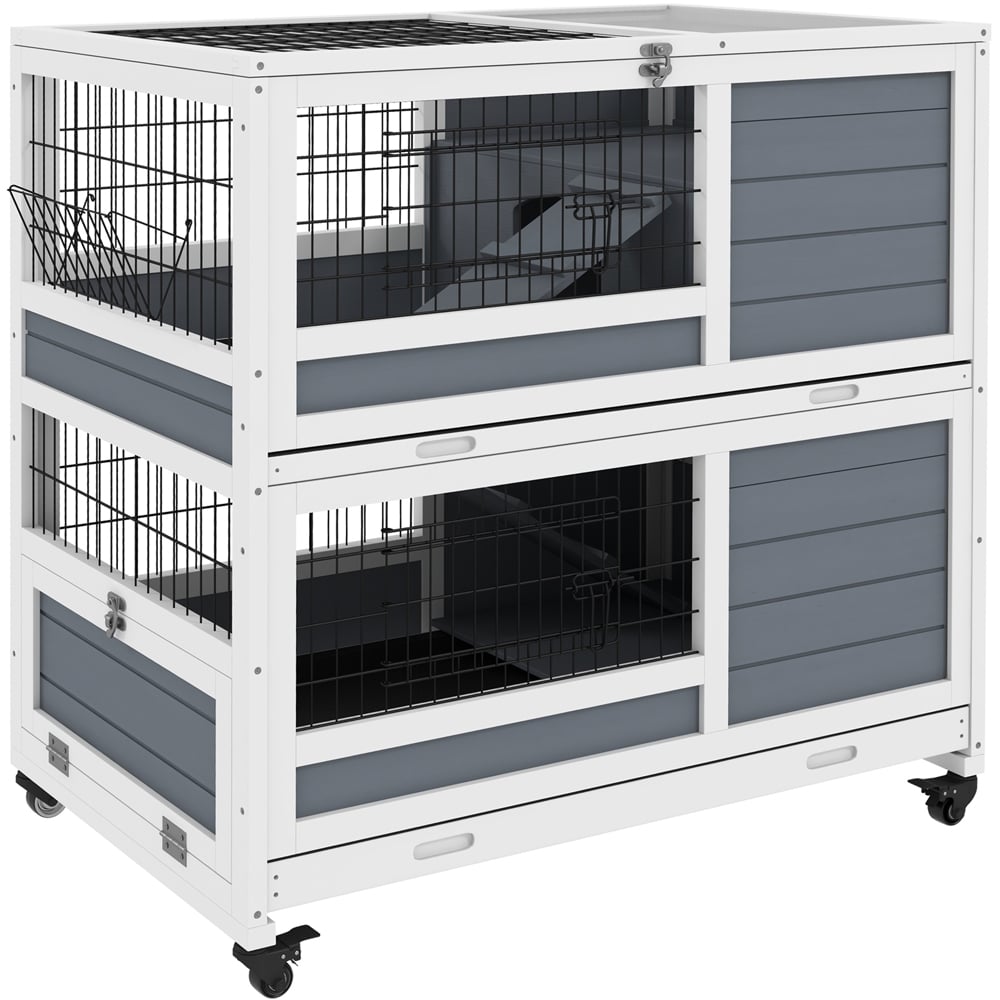 PawHut 2 Tier Indoor Rabbit Hutch with Feeding Trough Image 1