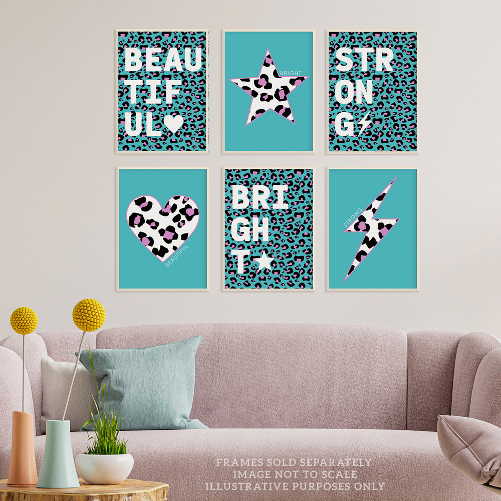 Wee Blue Coo Turquoise and Purple Leopard Pattern Bold Shapes Wall Art Print 30 x 41cm 6 Pack Image 2