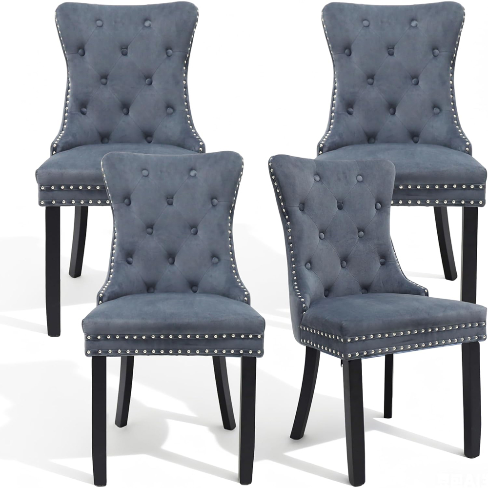 Alivio Set of 2 Grey Velvet Nailhead Trim Tufted Dining Chairs Image 3