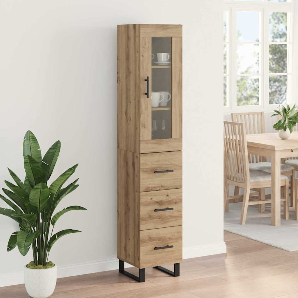 vidaXL Single Glass Door 3 Drawer Artisan Oak Tall Slim Highboard Image 9
