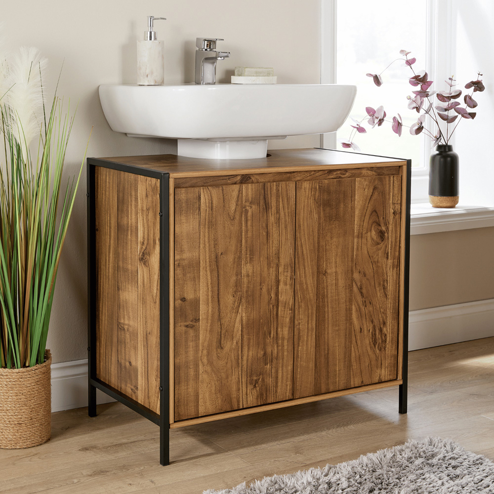Home Source Locastra 2 Door Oak and Black Under Basin Bathroom Storage Cabinet Image 6