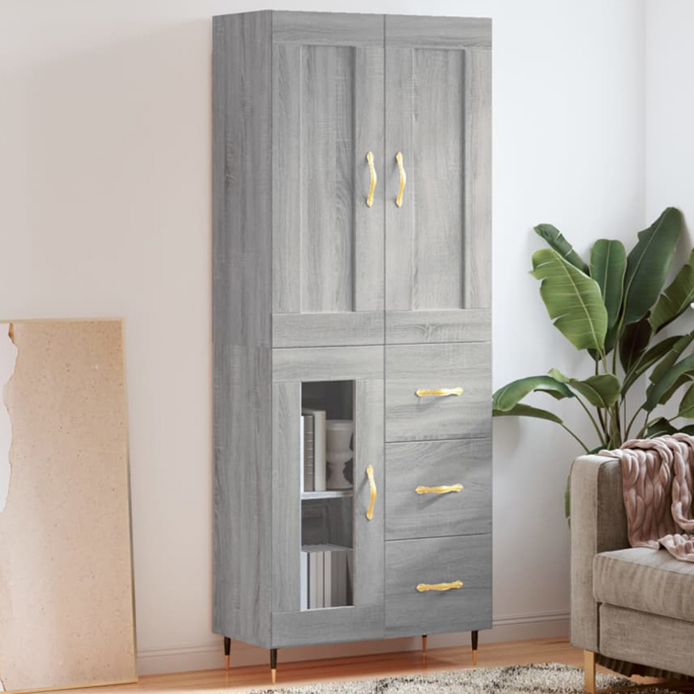 vidaXL 3 Wood and Glass Door 3 Drawer Grey Sonoma Highboard with Gold Handle Image 1