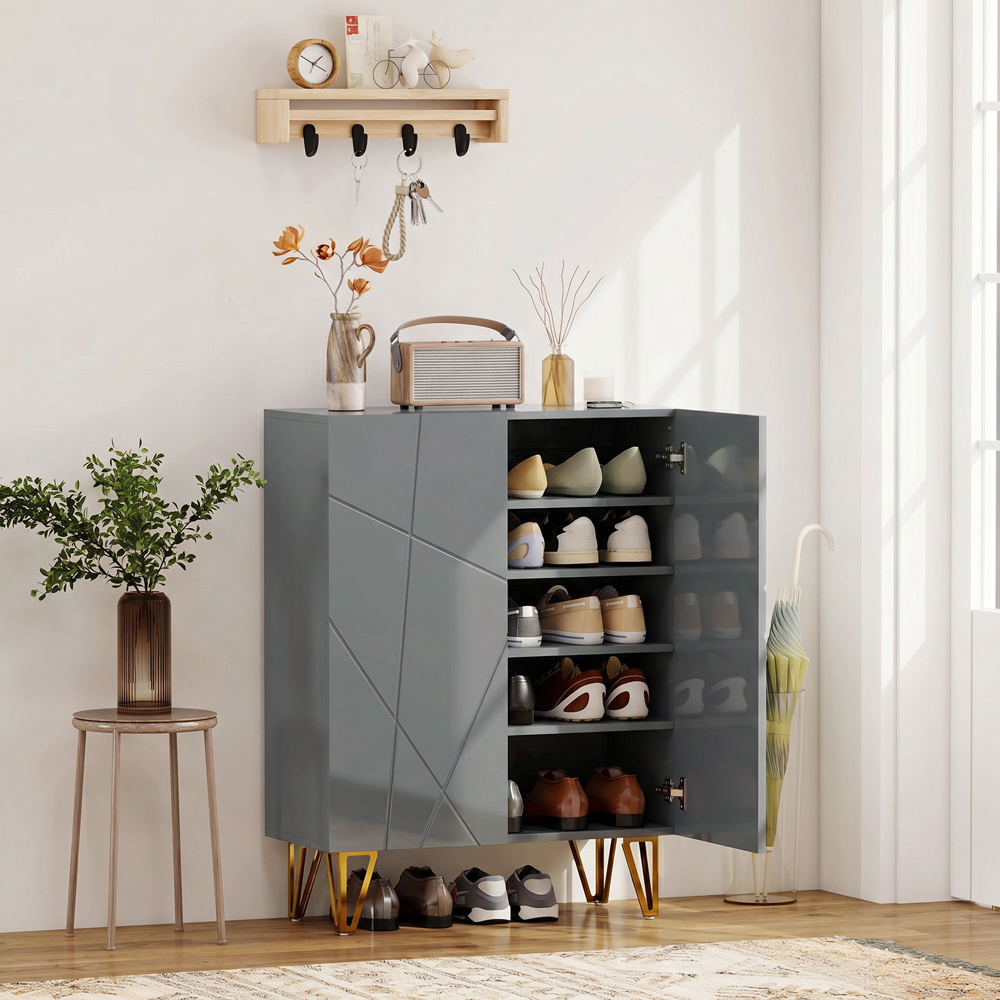 HOMCOM 2 Door Grey Shoe Storage Cabinet with Soft-Close Hinges Image 2