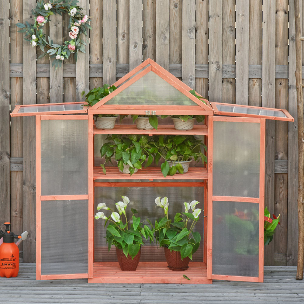 Outsunny 3 Shelf Orange Wooden Polycarbonate 2.6 x 1.5ft Cold Frame Greenhouse Image 2