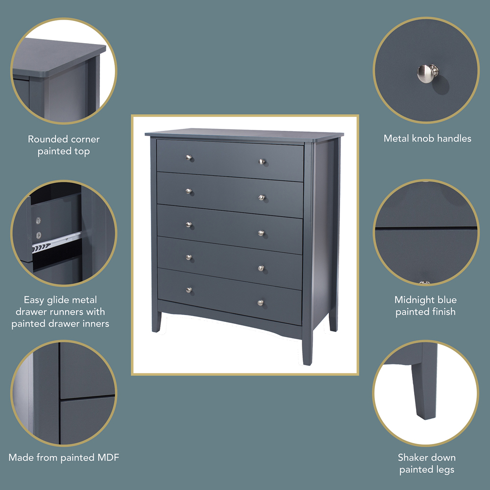 Core Products Como 5 Drawer Midnight Blue Chest of Drawers Image 7