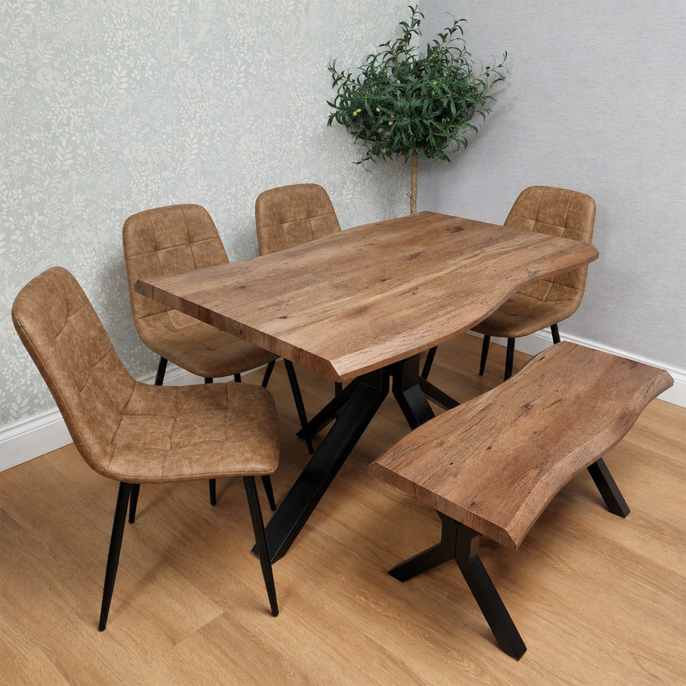 Kosy Koala 6 Seater Wooden Effect Faux Leather Dining Set with Bench Rustic Brown Image 1