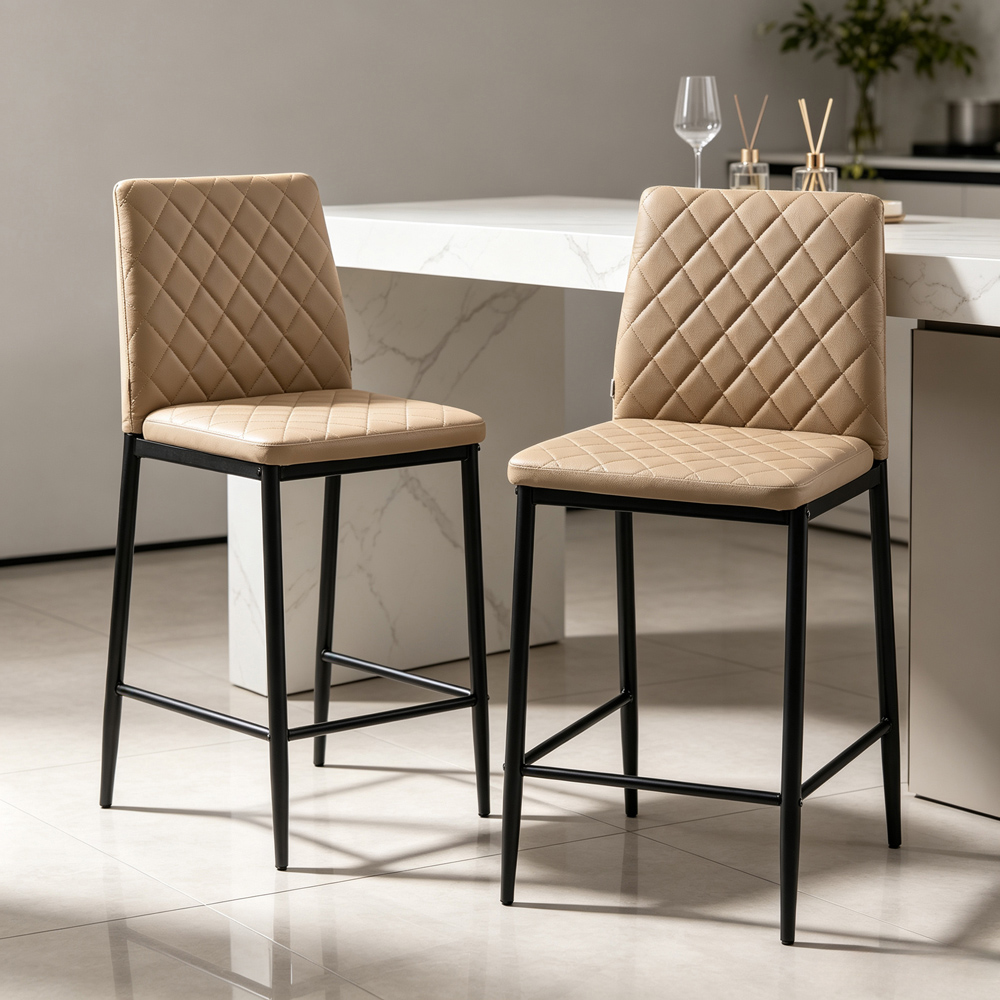 Living and Home Camel PU Leather Diamond Stitched Bar Stool Set of 2 Image 8