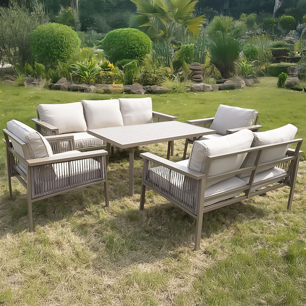 Shatchi 7 Seater Cream Outdoor Aluminium Sofa Set Image 1