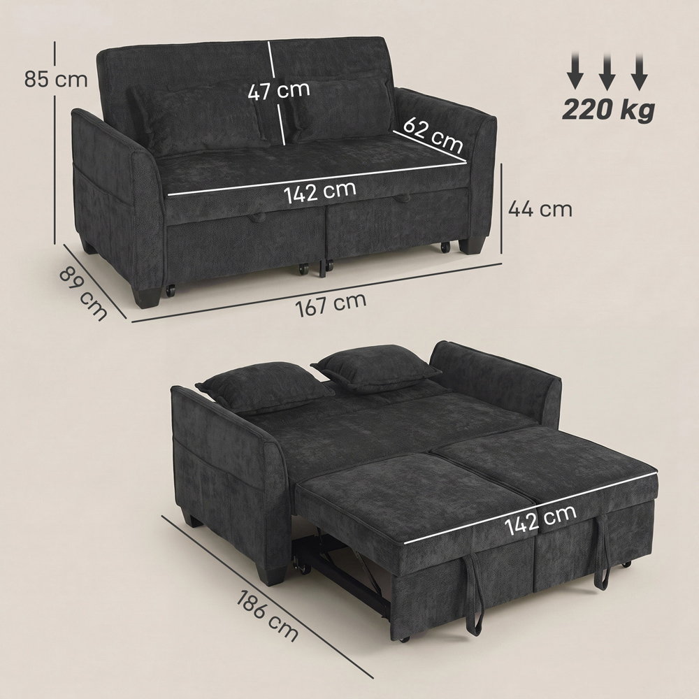 HOMCOM 2 Seater Black Convertible Pull-Out Sofa Bed Image 9