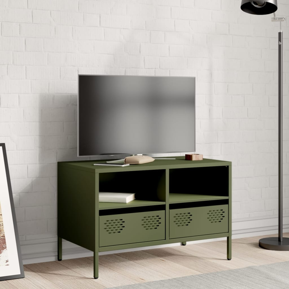 vidaXL 2 Drawer 2 Shelf Olive Green Steel Industrial Style TV Cabinet Image 7