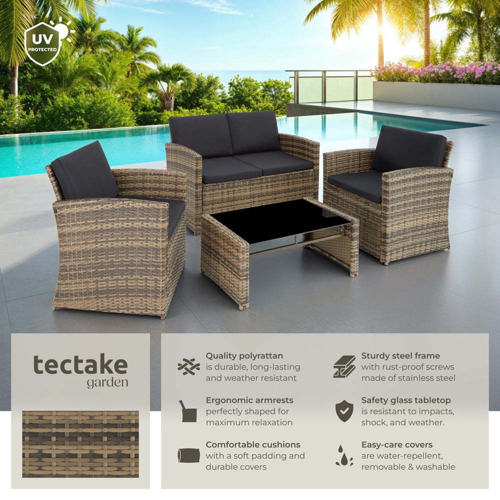 tectake Lucca 4 Seater Nature and Dark Grey Rattan Garden Sofa Set Image 6