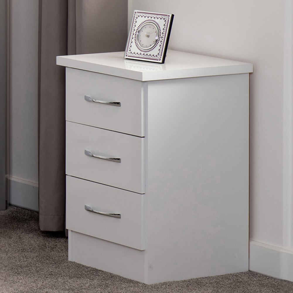 Seconique Nevada 3 Drawer White Gloss Bedside Table Image 1