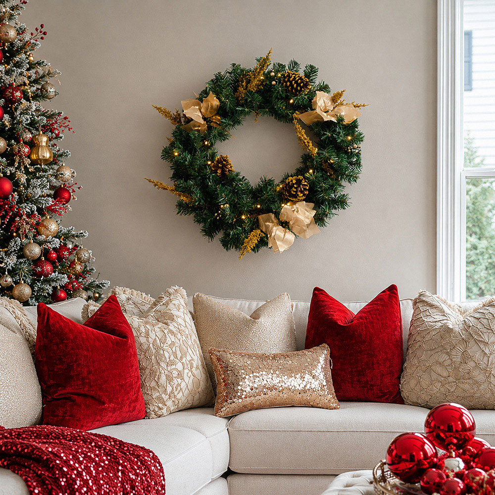 Abrihome 35 Warm White LED Artificial Christmas Wreath with Pinecones Berries and Branches 50cm Image 8