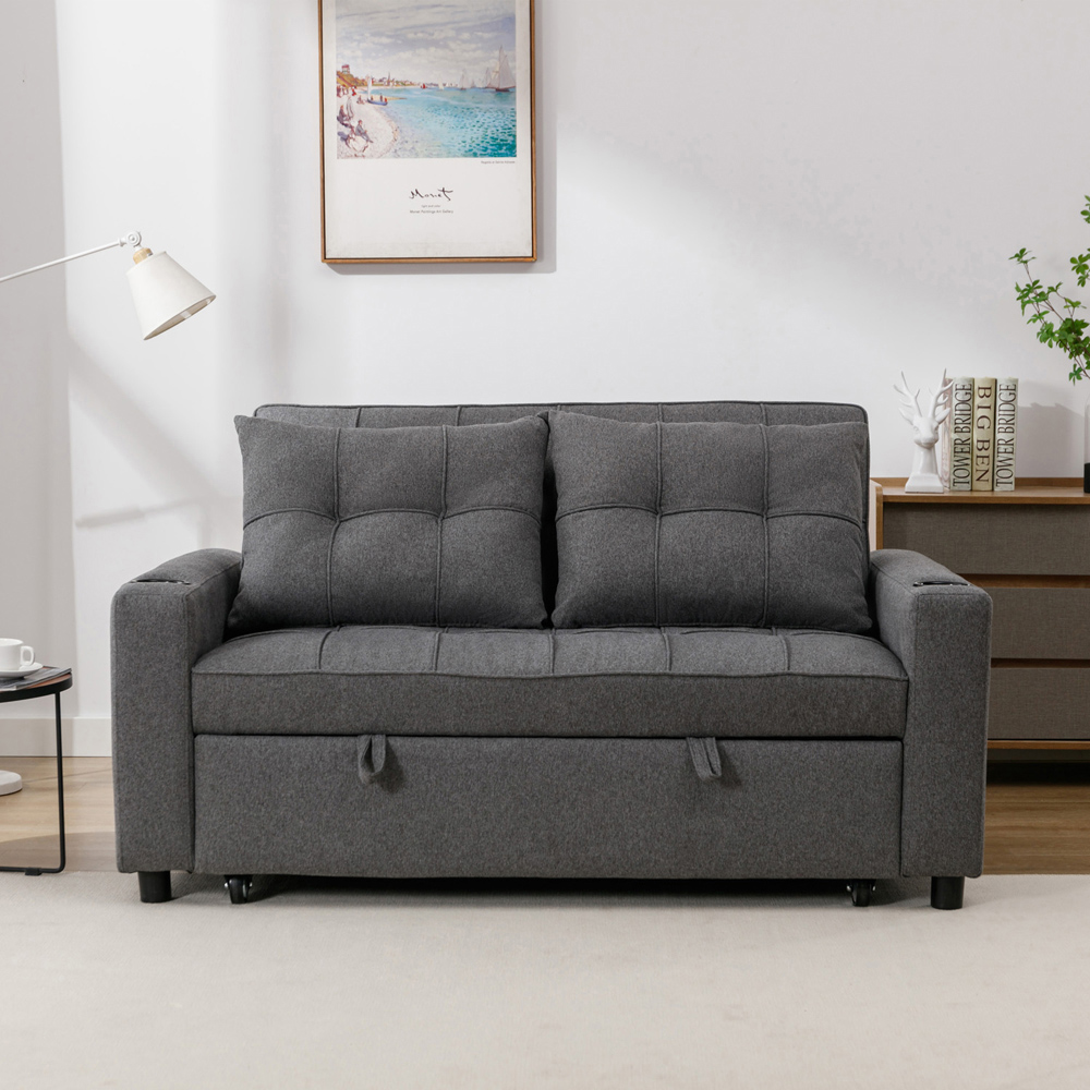 Furniture Online Hudson 2 Seater Grey Linen Sofa Bed Cupholder Image 6
