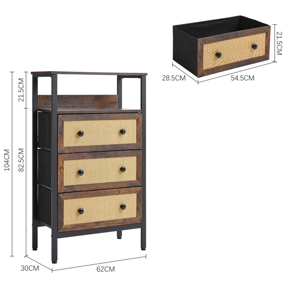 H&O Direct 3 Drawer Single Shelf Rattan Detailing Rustic Cabinet Image 6