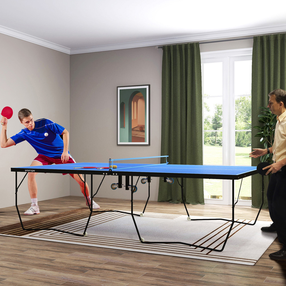 SPORTNOW Blue Foldable Indoor Tennis Table Set with 8 Wheels Image 2