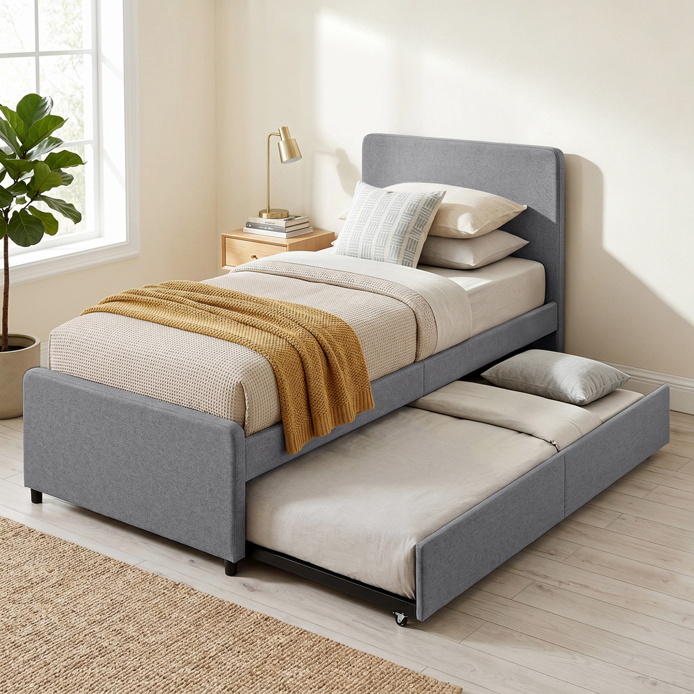HOMCOM Single Dark Grey Linen Look Upholstered Bed with Pull Out Trundle Image