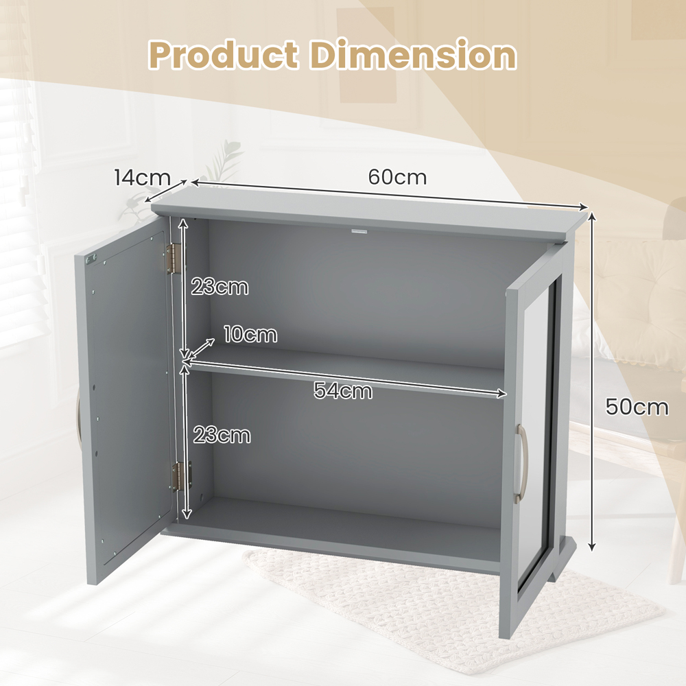 Costway 2 Shelf Grey Wall Mounted Bathroom Cabinet with Mirror Door Image 9