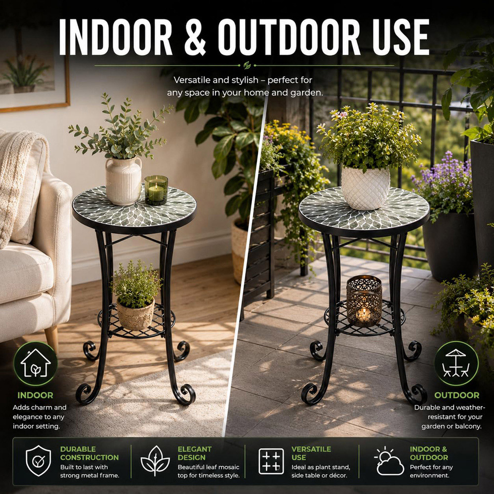 Shatchi Leaf 2-in-1 Single Shelf Mosaic Ceramic Tile Top Plant Stand Side Table Image 5