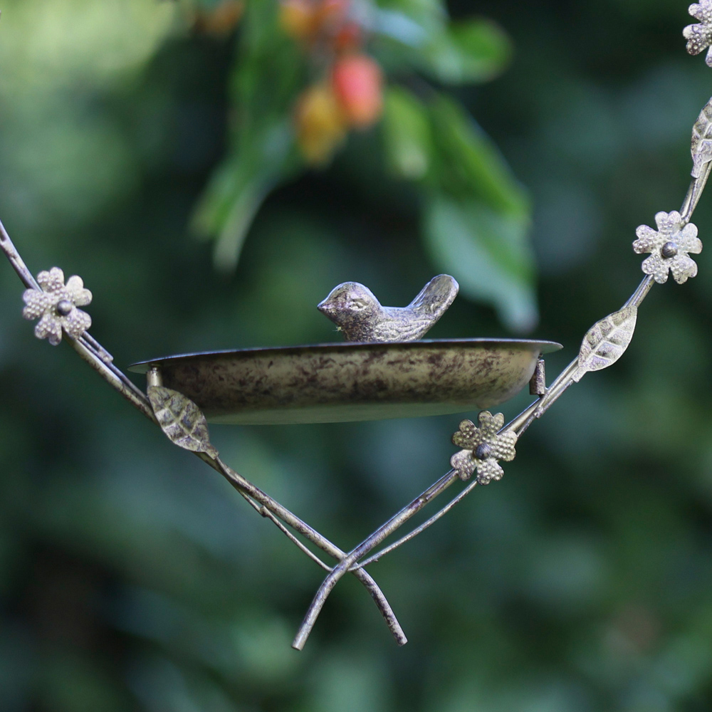 Dibor Gold Iron Heart Shaped Ornate Leaves and Floral Hanging Bird Feeder Dish with Chain Image 3