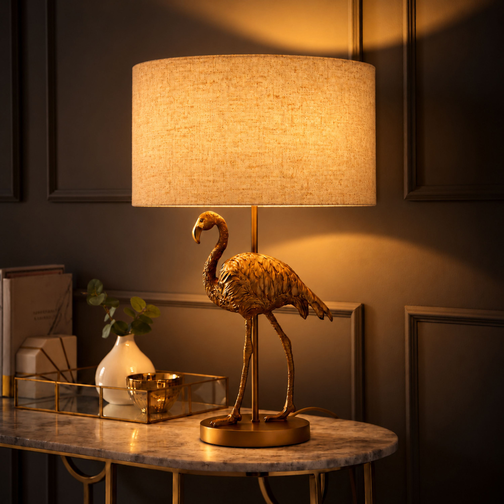 ValueLights Flo Flamingo Linen Drum Shade Brushed Bronze Table Lamp with Bulb Image 5