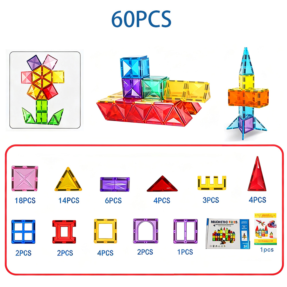 H&O Direct 60 Piece Magnet Building Tile Clear 3D Building Block Image 7