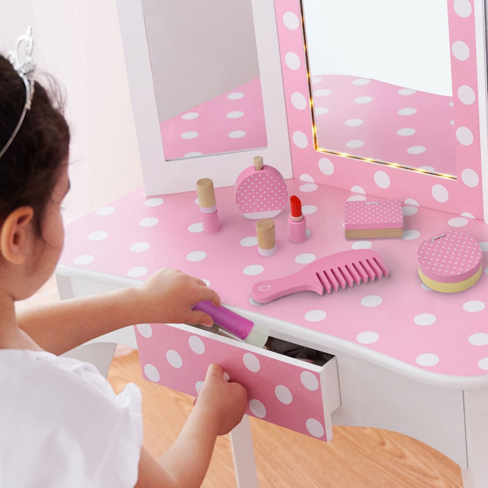 Teamson Kids Chloe Polka Dot Print Wooden Toy Vanity Accessories Makeup Kit Image 5