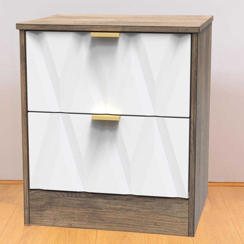 Crowndale Las Vegas 2 Drawer Matt White and Vintage Oak Bedside Table Ready Assembled Image 1