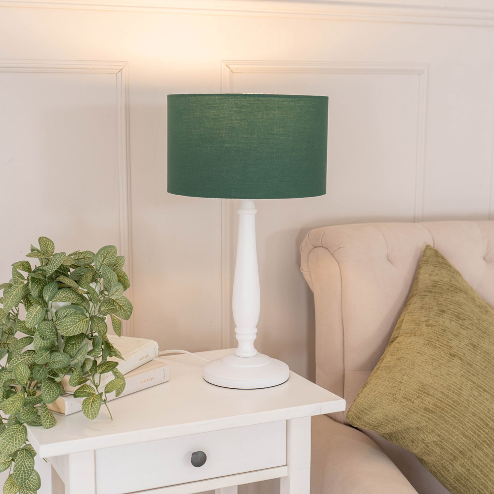 ValueLights Victoria Green Fabric Drum Shade White Wood Traditional LED Table Lamp Image 2