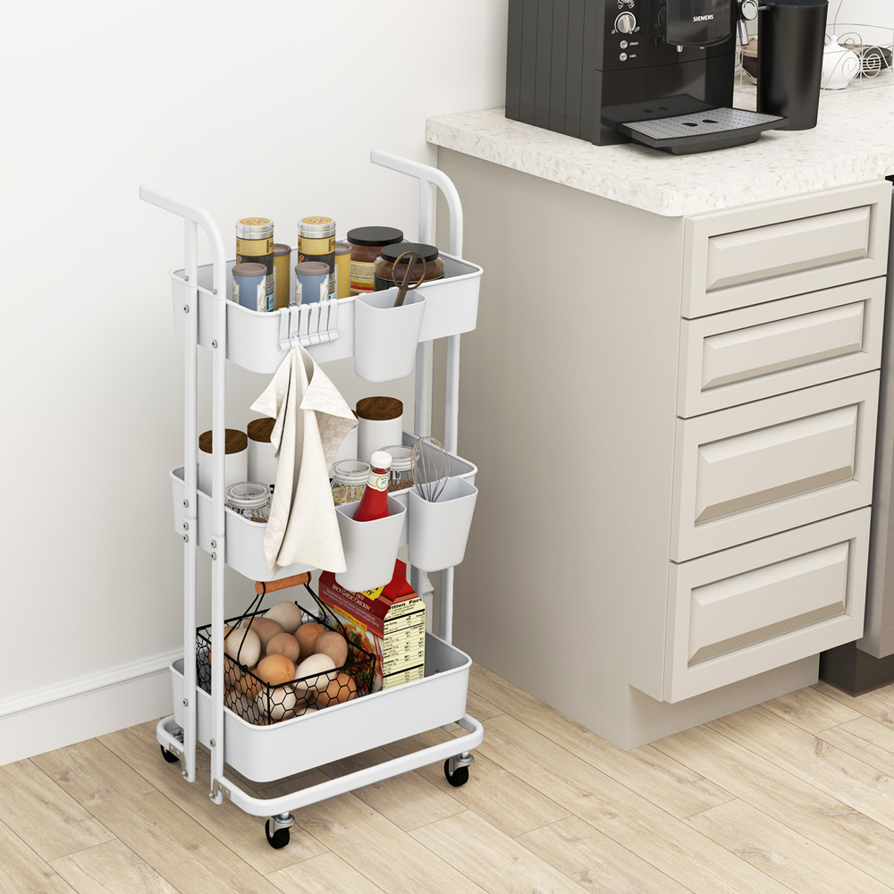 Costway 3 Shelf White Foldable Rolling Cart with 3 Hanging Cups and 6 Hooks Image 2