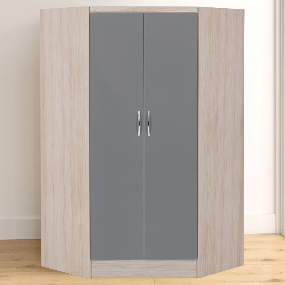 Seconique Nevada 2 Door Grey Gloss and Light Oak Effect Veneer Corner Wardrobe Image 1