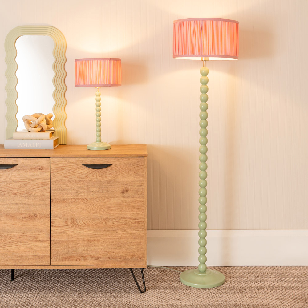 ValueLights Bobbins Ruched Pleated Blush Pink Drum Shade Sage Green LED Table Lamp Image 4